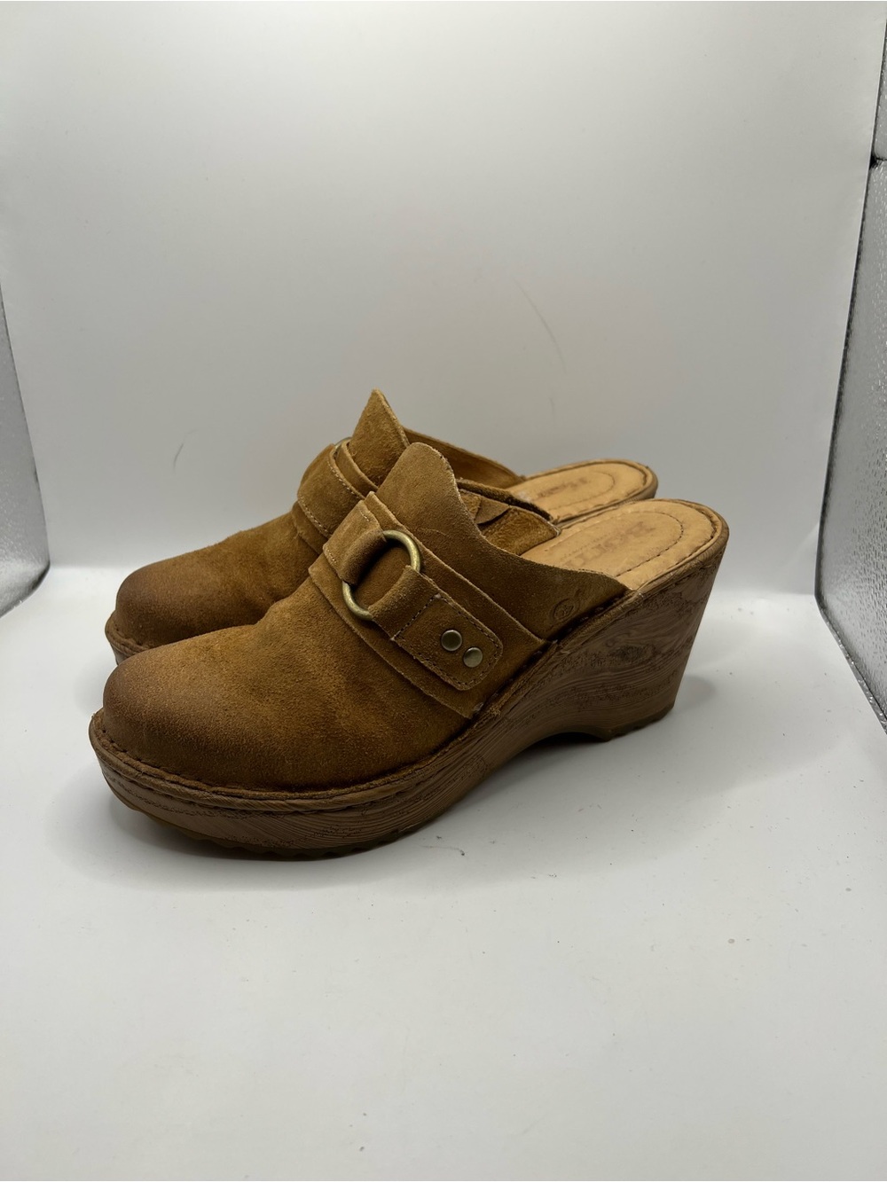 Born Tan Suede Wedge Clogs with Buckle Strap